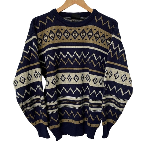 Vintage Other - Vintage Champs Flying Gear Navy Blue Tan Geometric Grandpa Sweater